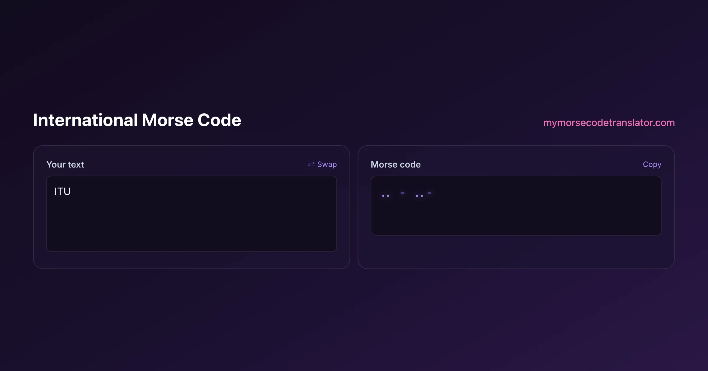 Our Morse code translator converting "ITU" into Morse code, showing the dots and dashes .. - ..-