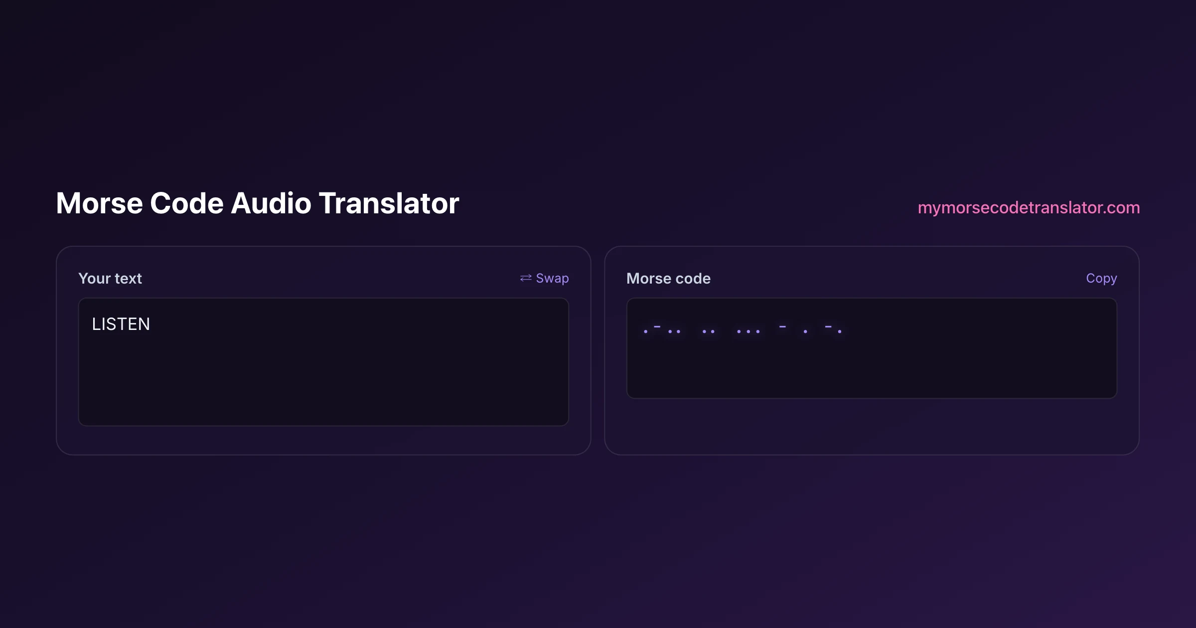 Our Morse code translator converting "LISTEN" into Morse code, showing the dots and dashes .-.. .. ... - . -.