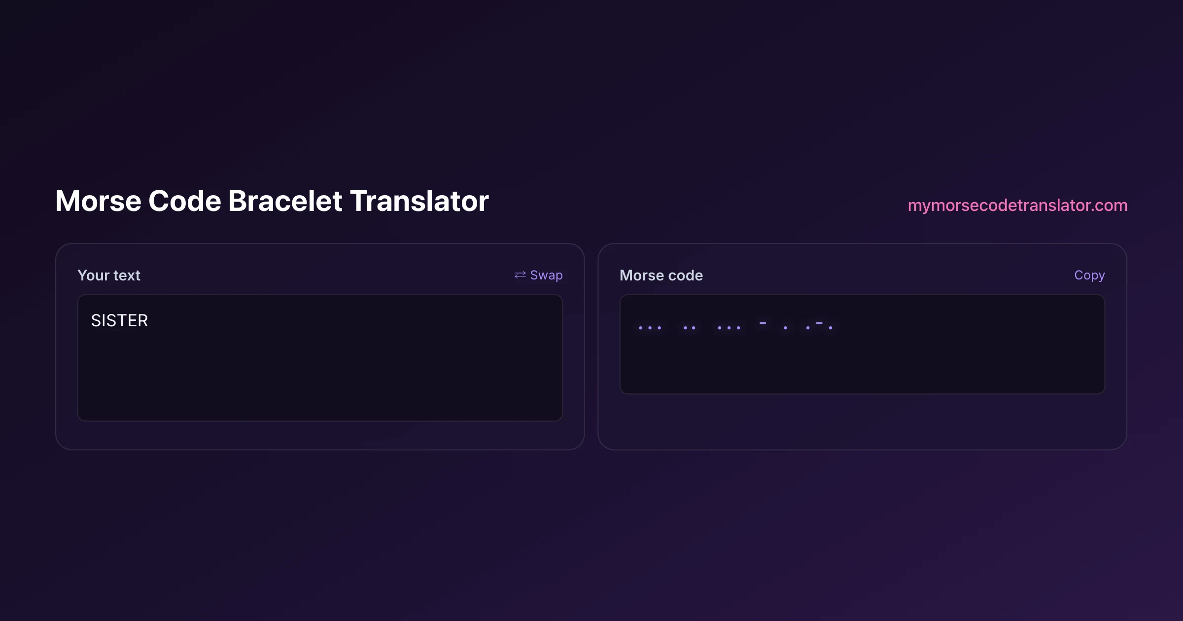 Our Morse code translator converting "SISTER" into Morse code, showing the dots and dashes ... .. ... - . .-.