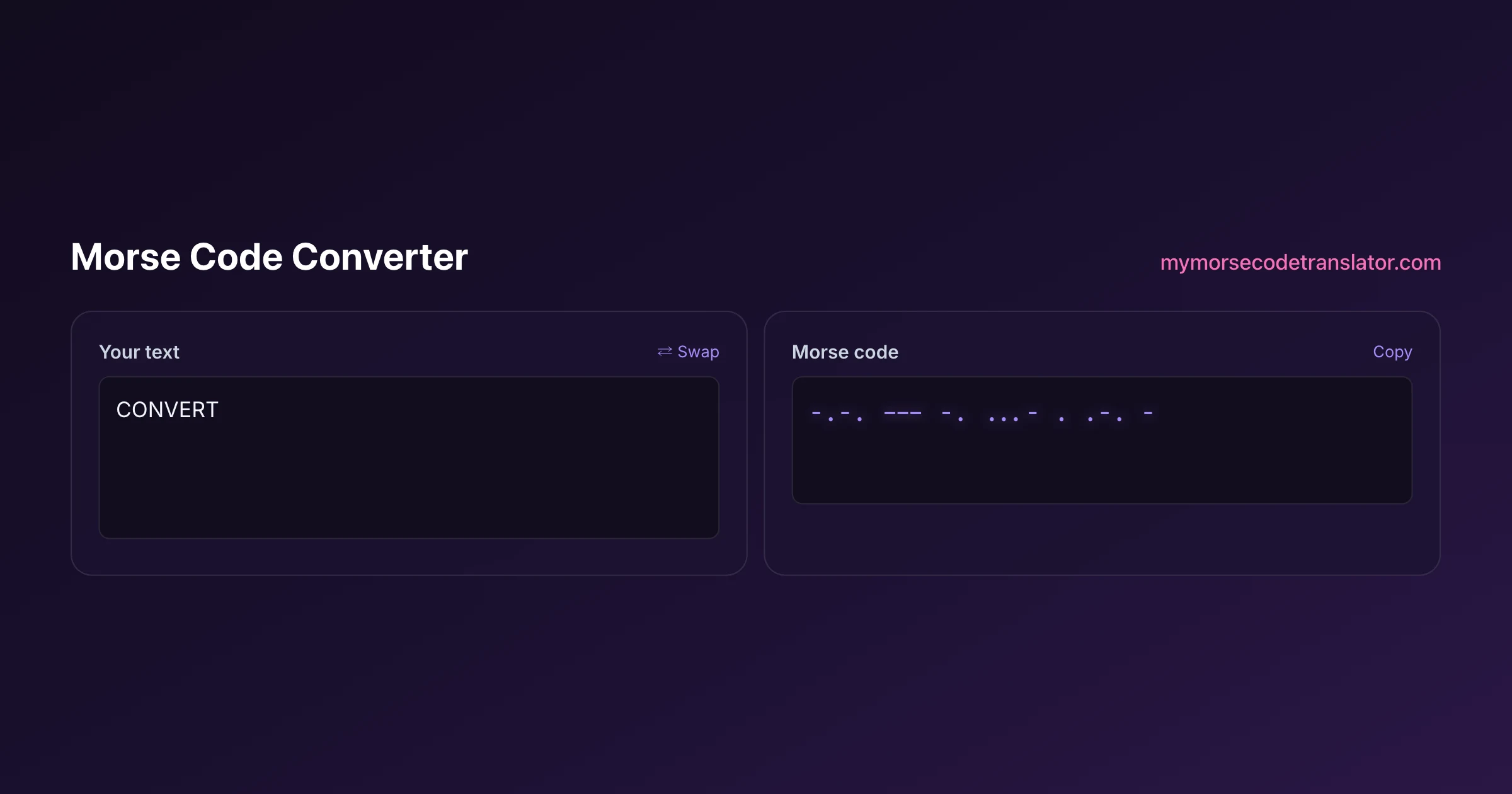 Our Morse code translator converting "CONVERT" into Morse code, showing the dots and dashes -.-. --- -. ...- . .-. -