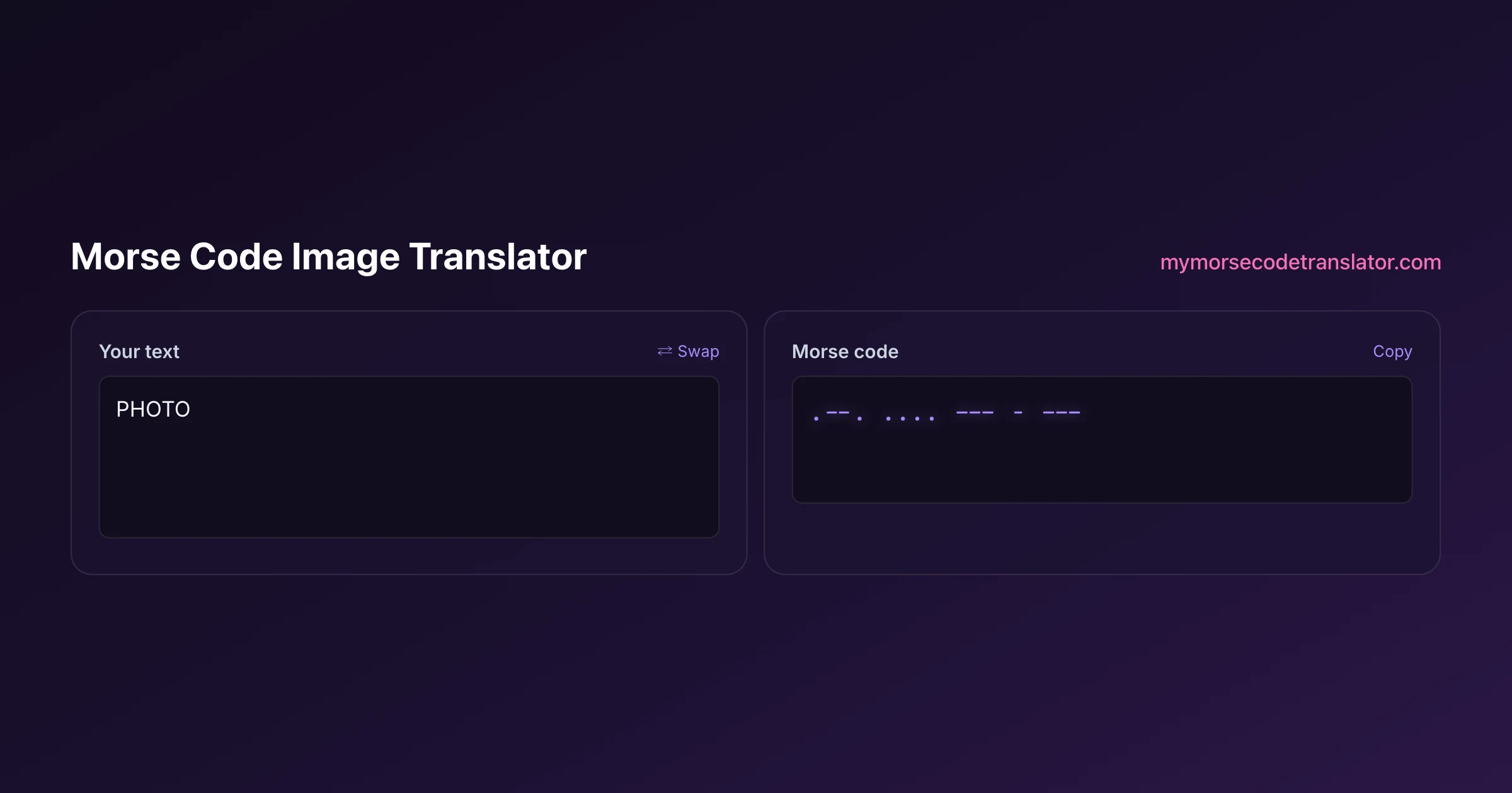 Our Morse code translator converting "PHOTO" into Morse code, showing the dots and dashes .--. .... --- - ---