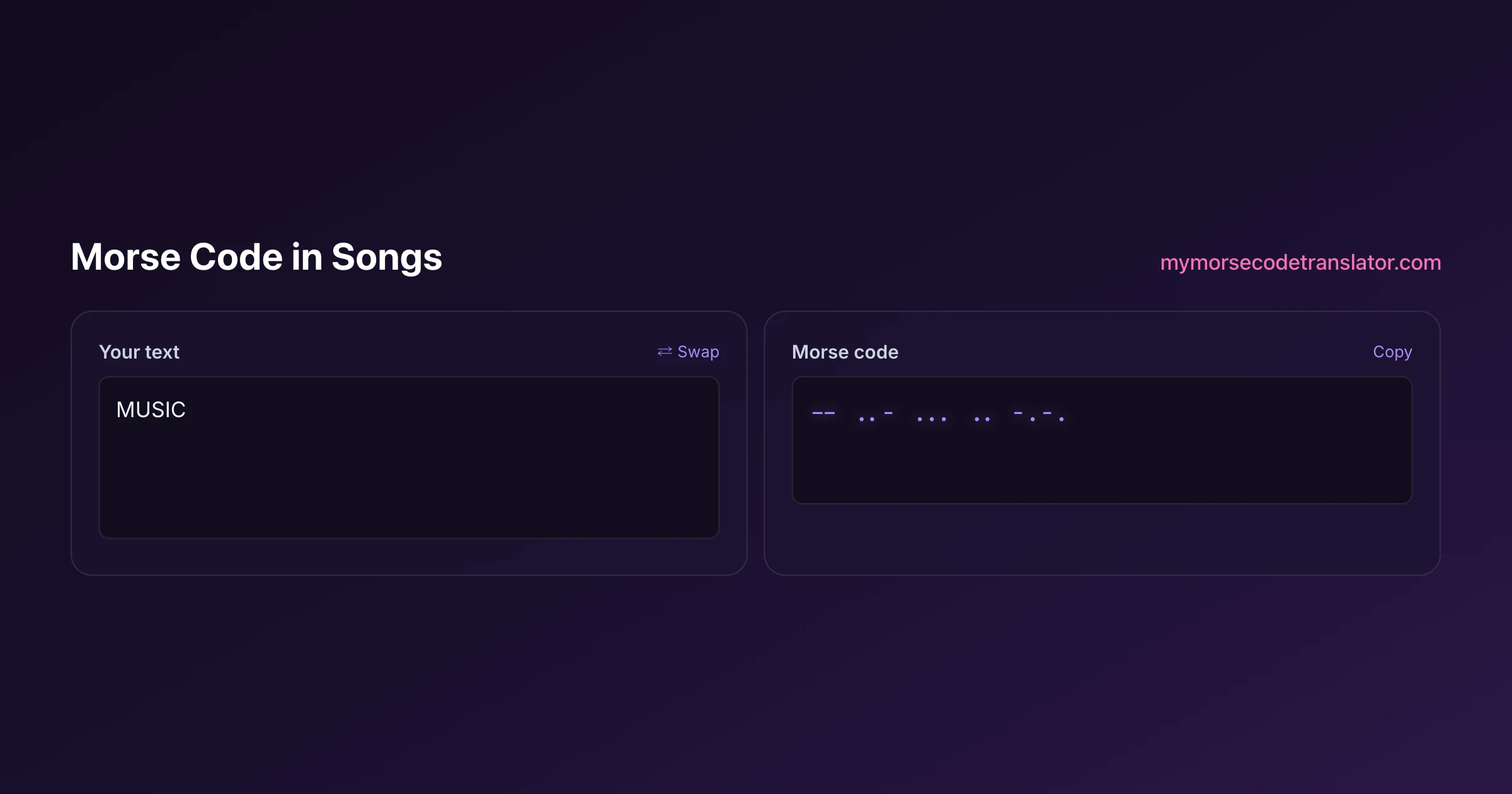 Our Morse code translator converting "MUSIC" into Morse code, showing the dots and dashes -- ..- ... .. -.-.
