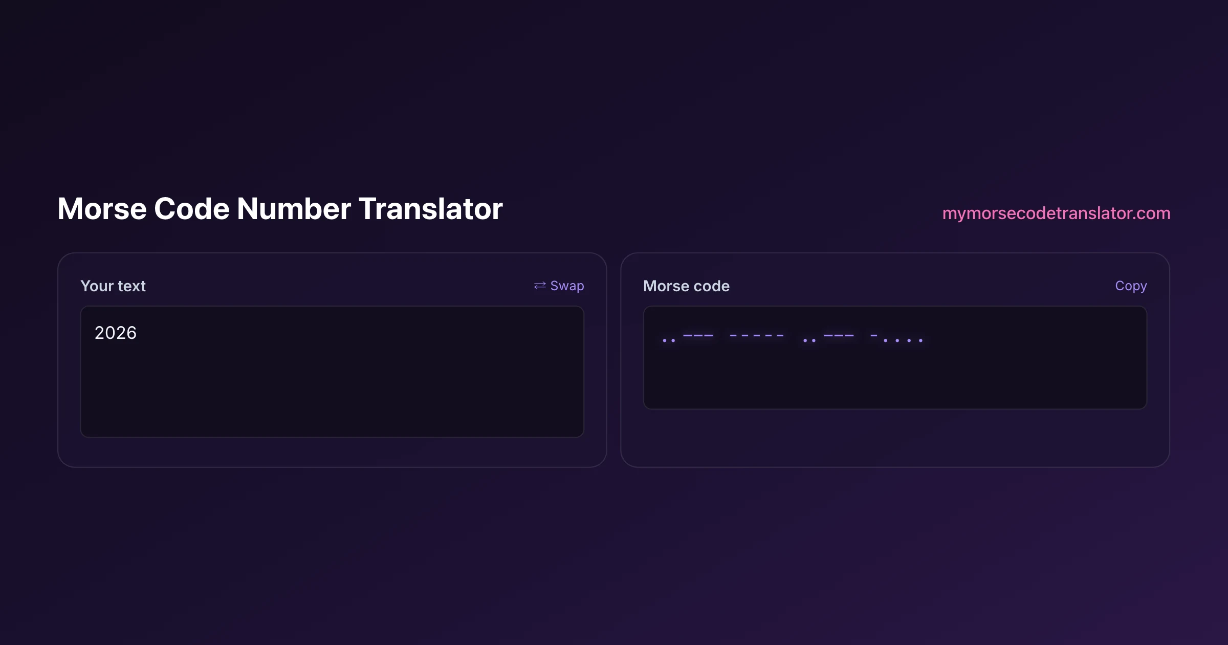 Our Morse code translator converting "2026" into Morse code, showing the dots and dashes ..--- ----- ..--- -....