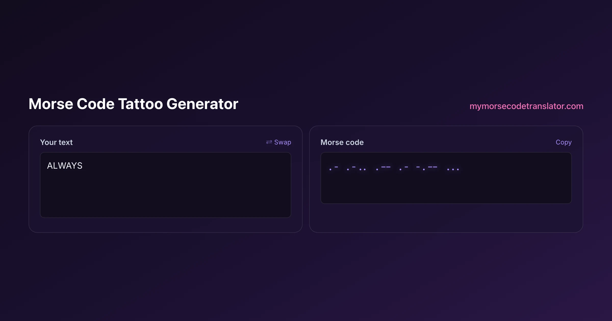 Our Morse code translator converting "ALWAYS" into Morse code, showing the dots and dashes .- .-.. .-- .- -.-- ...