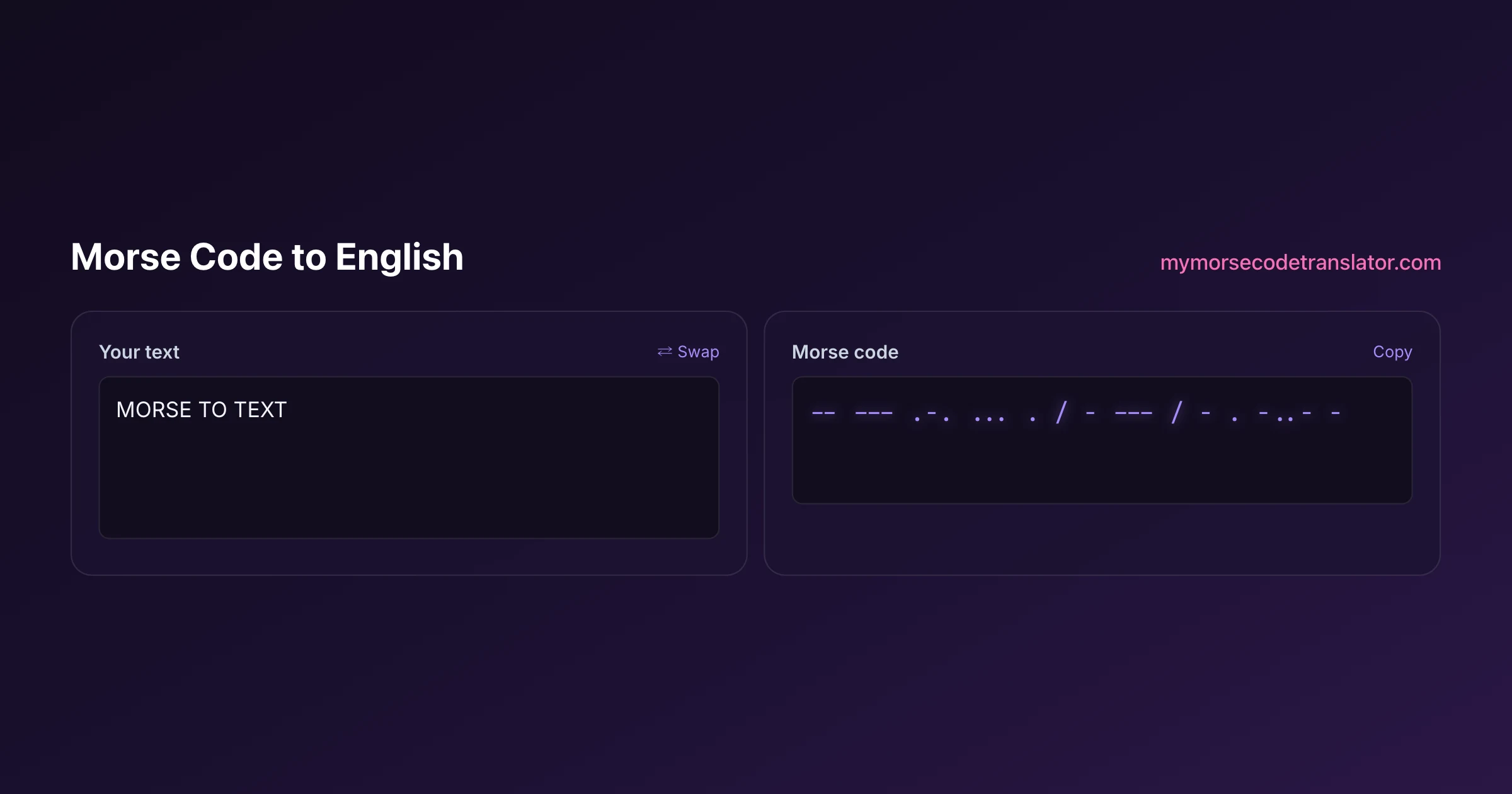 Our Morse code translator converting "MORSE TO TEXT" into Morse code, showing the dots and dashes -- --- .-. ... . / - --- / - . -..- -
