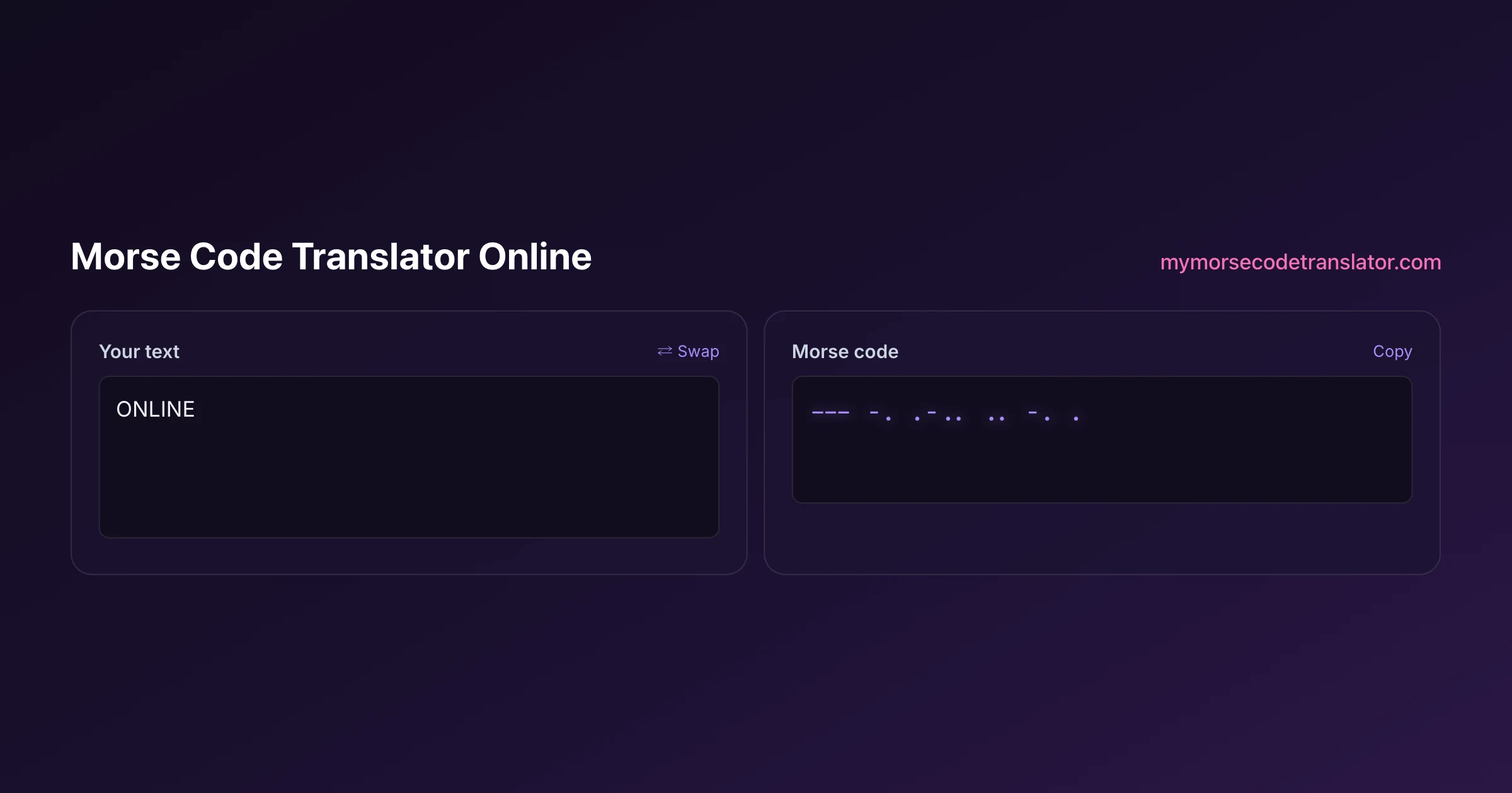 Our Morse code translator converting "ONLINE" into Morse code, showing the dots and dashes --- -. .-.. .. -. .