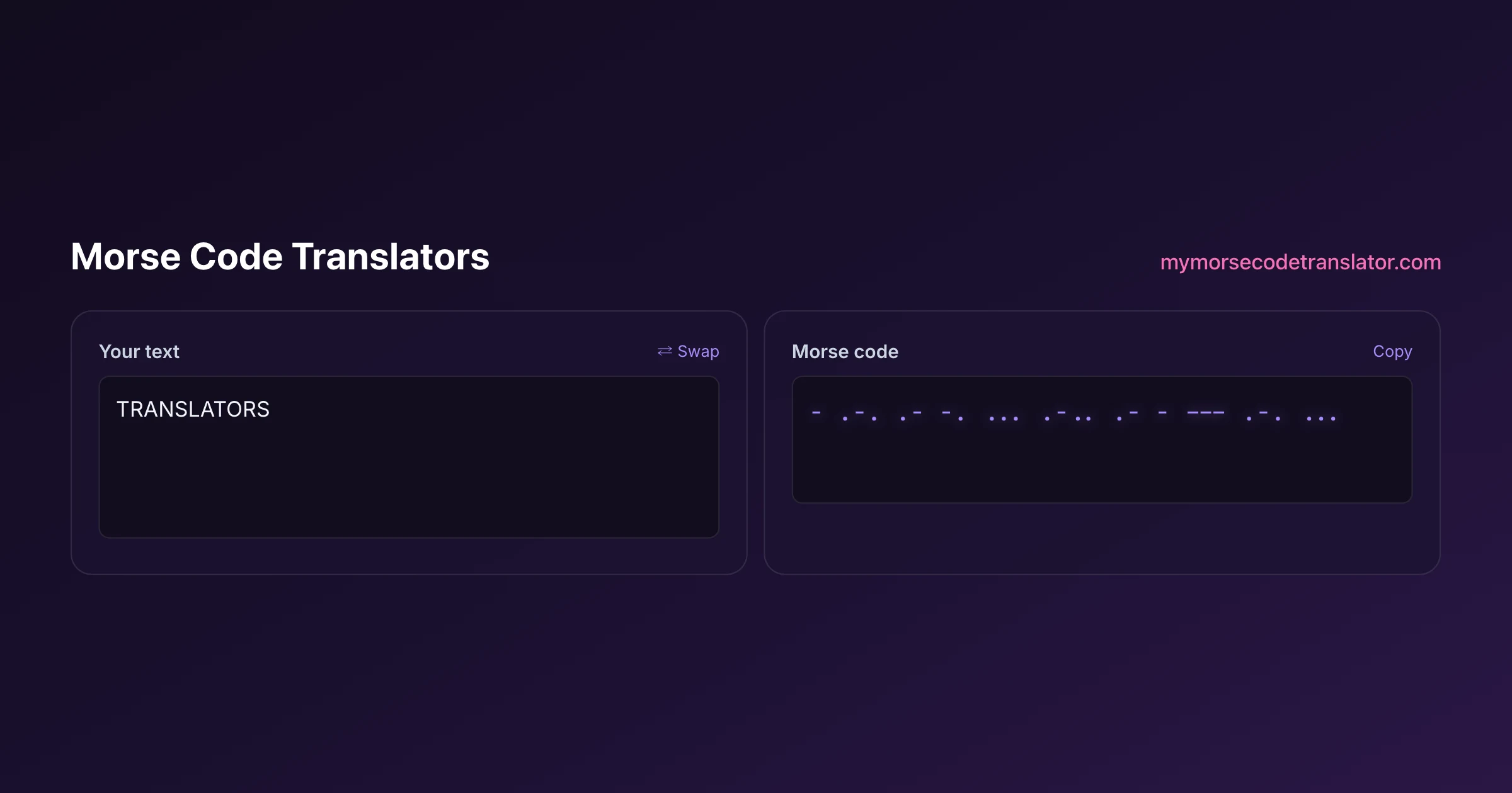 Our Morse code translator converting "TRANSLATORS" into Morse code, showing the dots and dashes - .-. .- -. ... .-.. .- - --- .-. ...