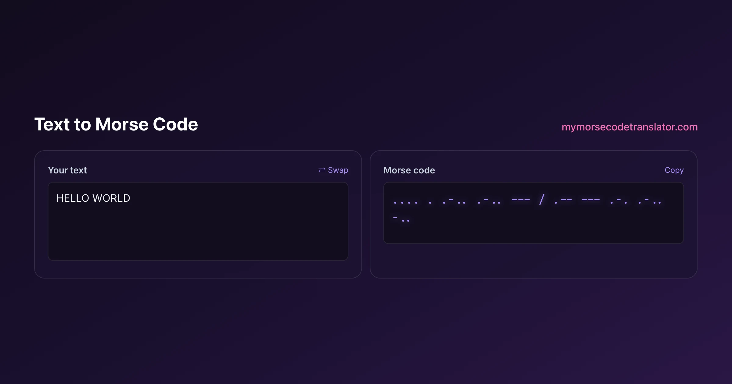 Our Morse code translator converting "HELLO WORLD" into Morse code, showing the dots and dashes .... . .-.. .-.. --- / .-- --- .-. .-.. -..