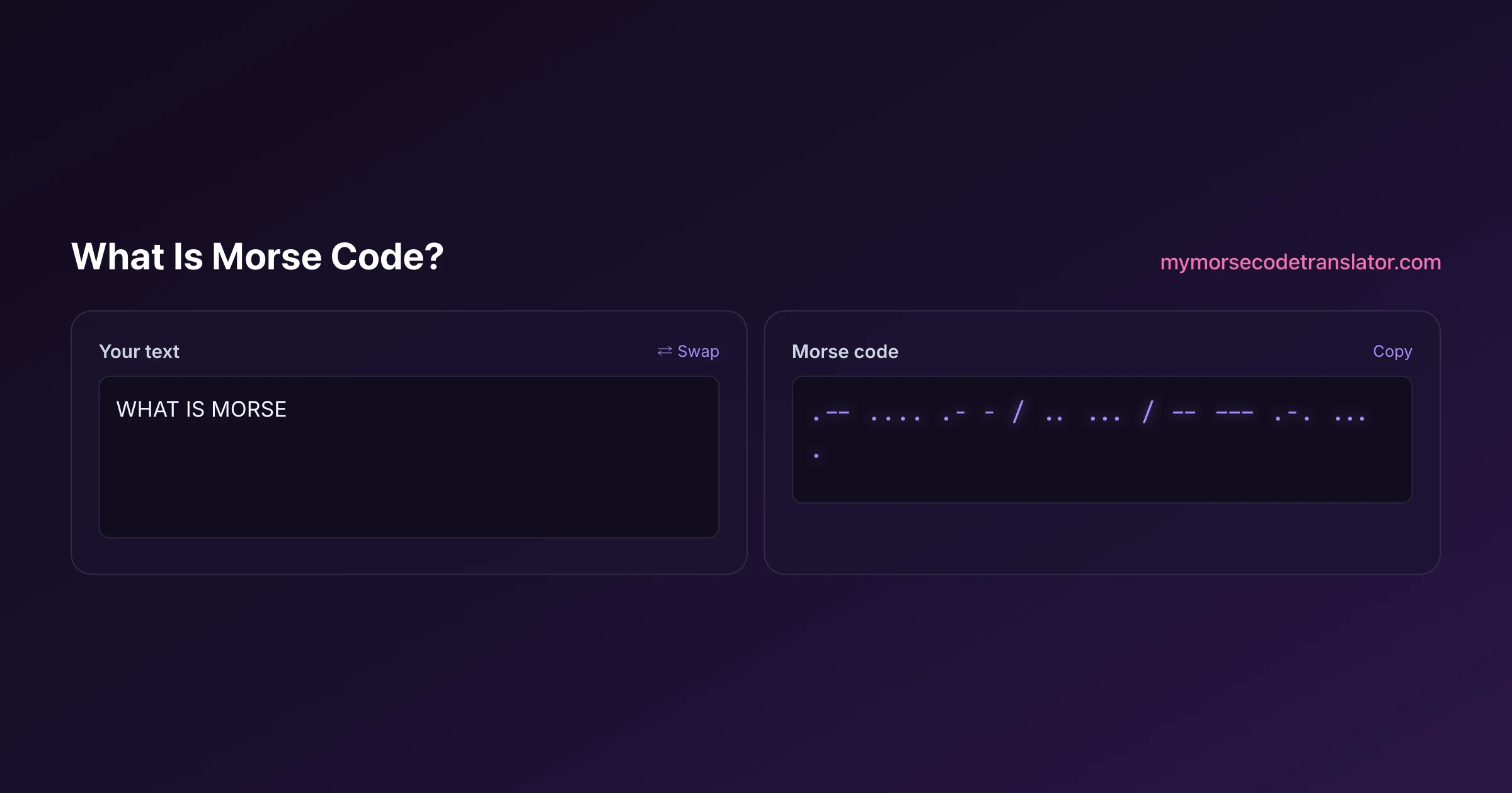 Our Morse code translator converting "WHAT IS MORSE" into Morse code, showing the dots and dashes .-- .... .- - / .. ... / -- --- .-. ... .